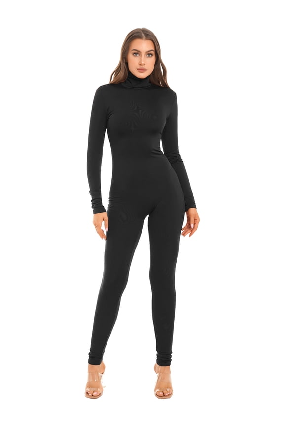 Womens Long Sleeve Full Length Tank Unitard Jumpsuit Bodysuit Romper Bodycon Tight Catsuit Black L