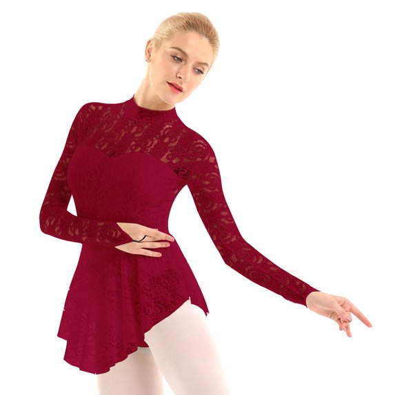 vastwit Womens Long Sleeve Lace Bodysuit Figure Ice Skating Jumpsuit Ballet Dance Leotard Dress Wine_Red XL