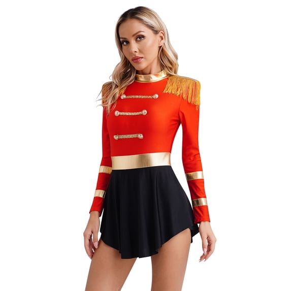 vastwit Womens Long Sleeve Tassel Shoulder Board Leotard Dress for Stage Performance Red XXL