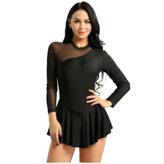 vastwit Womens Mesh Long Sleeve Ice Skating Dress Roller Skater Ballet Dance Leotard Lyrical Dress Black X-Large