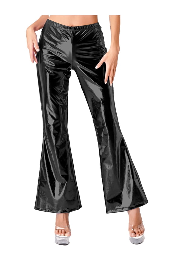 Womens Metallic Shiny Flared Pants Bell-Bottomed Trousers for 70s Disco Party Black XL
