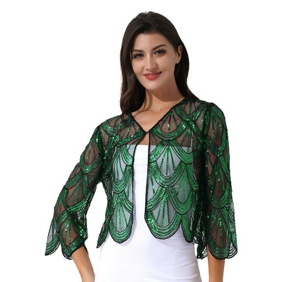 vastwit Womens Sequin 1920s Hollow Lace Bolero Cardigan Summer Cropped Jacket Shrug for Dresses Black&Green One Size