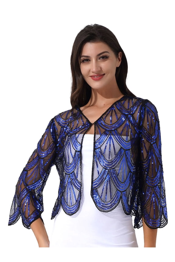 Womens Sequin 1920s Hollow Lace Bolero Cardigan Summer Cropped Jacket Shrug for Dresses Blue One Size