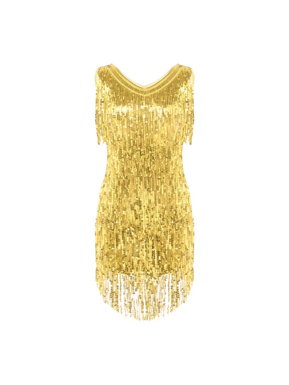 Womens Sequin Tassel Flapper Dress Sleeveless Fringed Latin Salsa Ballroom Dance Dress Gold XX