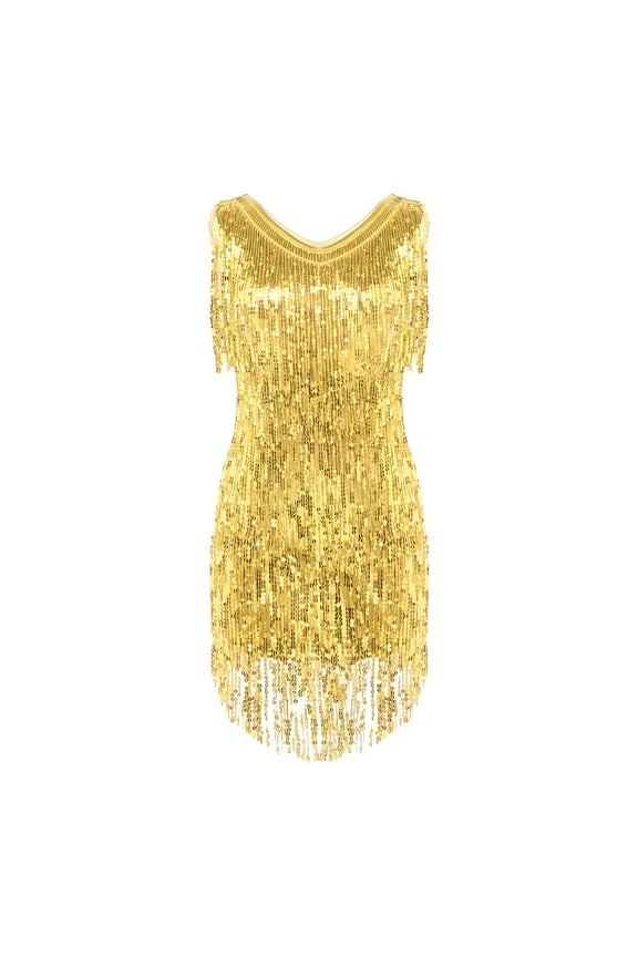 Womens Sequin Tassel Flapper Dress Sleeveless Fringed Latin Salsa Ballroom Dance Dress Gold XX