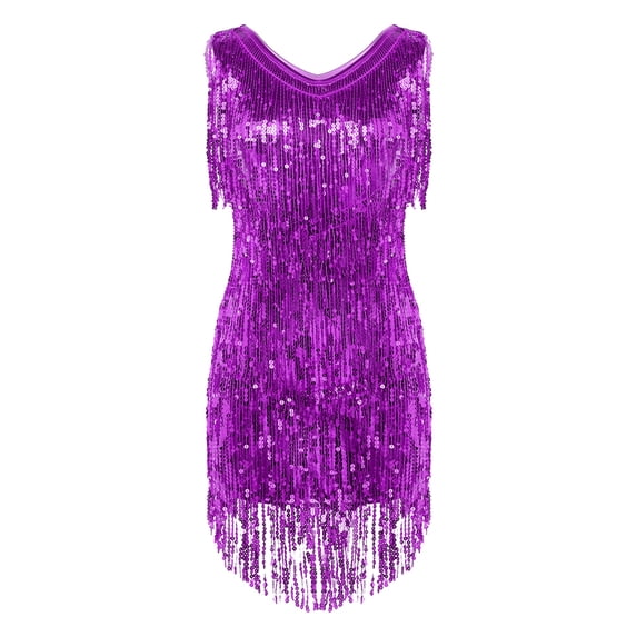 vastwit Womens Sequin Tassel Flapper Dress Sleeveless Fringed Latin Salsa Ballroom Dance Dress Purple L