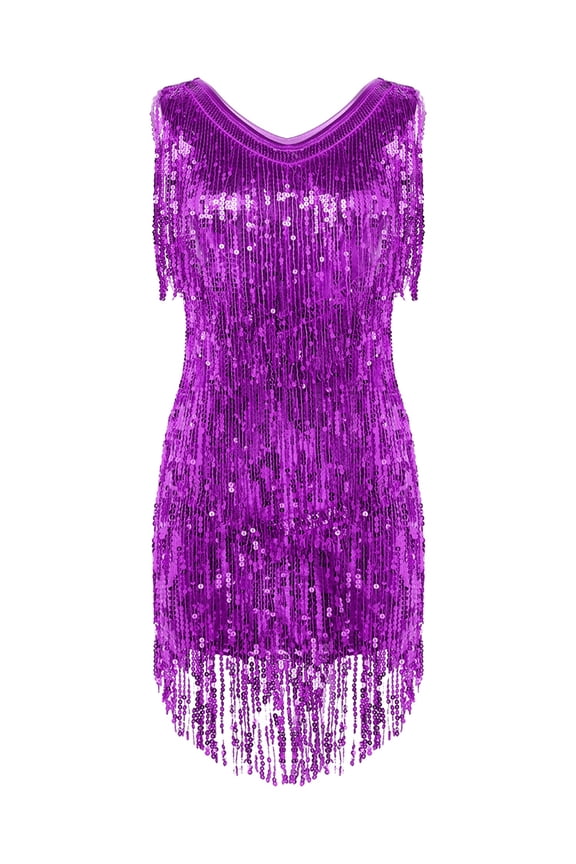 Womens Sequin Tassel Flapper Dress Sleeveless Fringed Latin Salsa Ballroom Dance Dress Purple XX