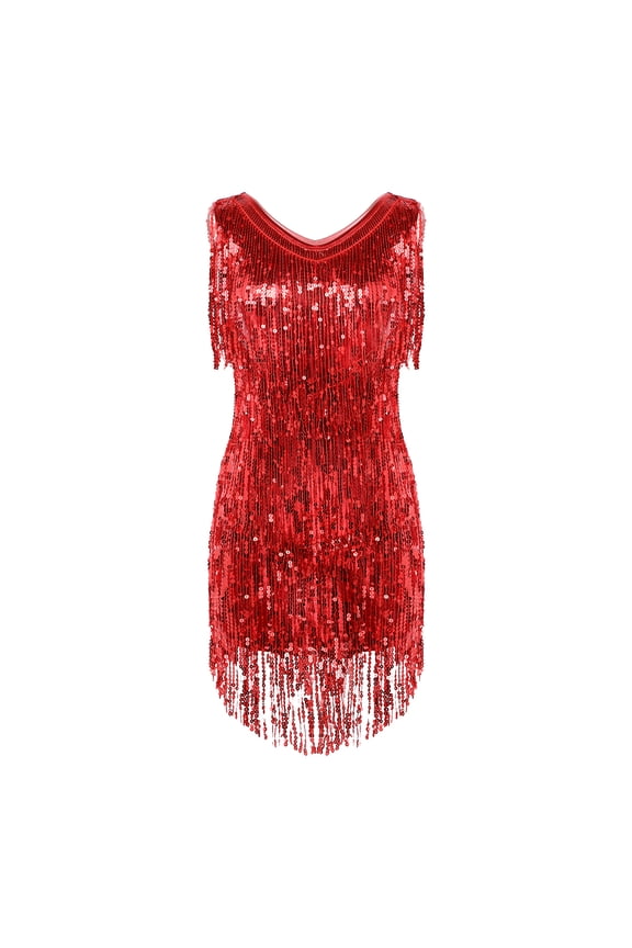 Womens Sequin Tassel Flapper Dress Sleeveless Fringed Latin Salsa Ballroom Dance Dress Red L