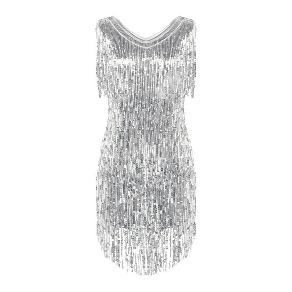 vastwit Womens Sequin Tassel Flapper Dress Sleeveless Fringed Latin Salsa Ballroom Dance Dress Silver X