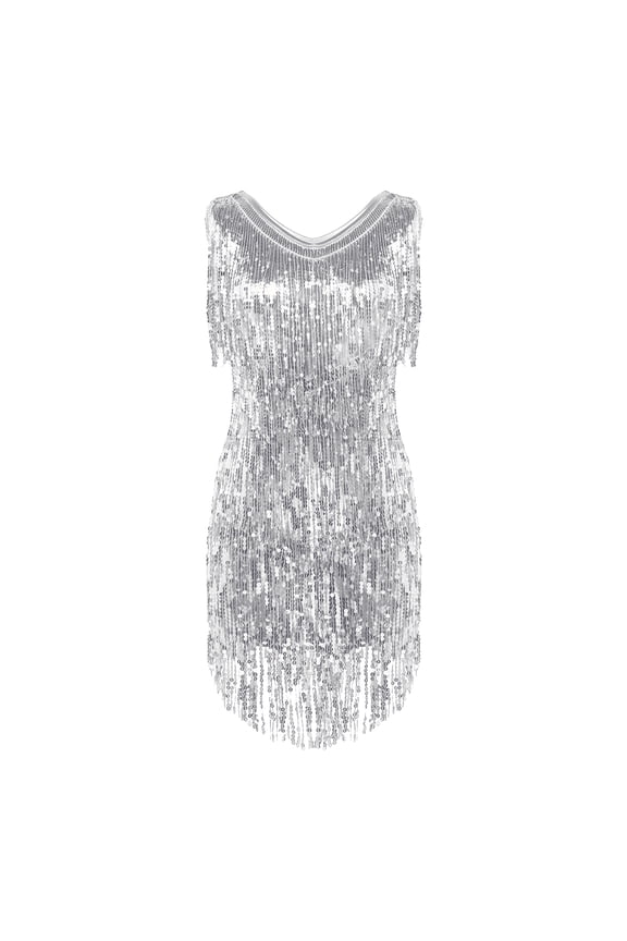 Womens Sequin Tassel Flapper Dress Sleeveless Fringed Latin Salsa Ballroom Dance Dress Silver X