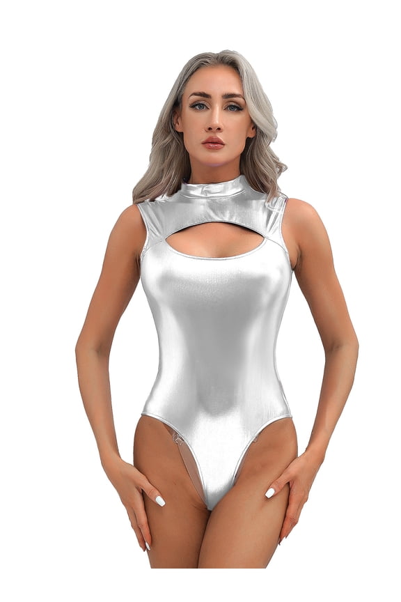 Womens Shiny Metallic Bodysuit Turtleneck Sleeveless Gymnastics Dance Leotard Silver XXL