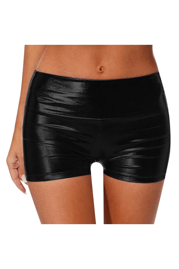 Womens Shiny Metallic Shorts Hot Pants Disco Party Dance Booty Shorts Swim Bottoms Black 14