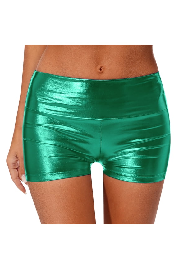 Womens Shiny Metallic Shorts Hot Pants Disco Party Dance Booty Shorts Swim Bottoms Green 14