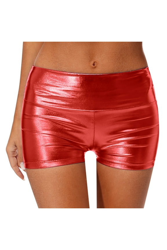 Womens Shiny Metallic Shorts Hot Pants Disco Party Dance Booty Shorts Swim Bottoms Red 14