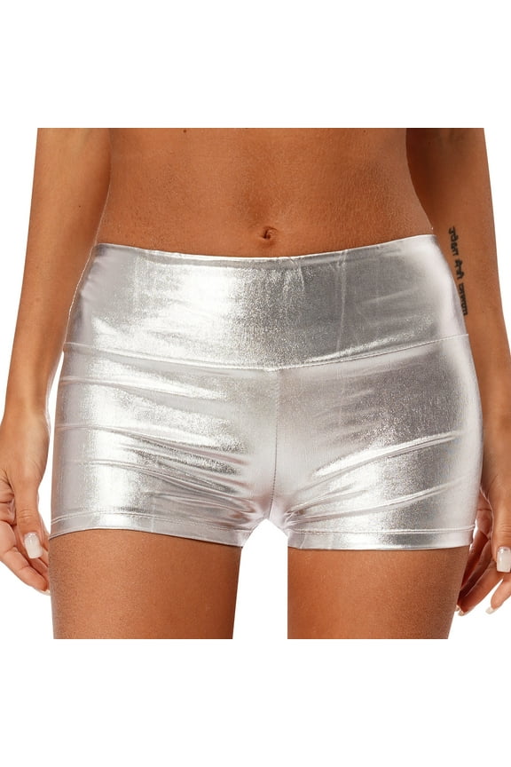 Womens Shiny Metallic Shorts Hot Pants Disco Party Dance Booty Shorts Swim Bottoms Silver 14