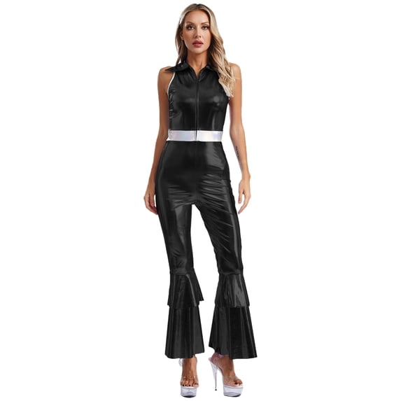 vastwit Womens Shiny Metallic Vintage 70S Disco Dance Jumpsuit Movie Star Singer Outfits Black 3XL