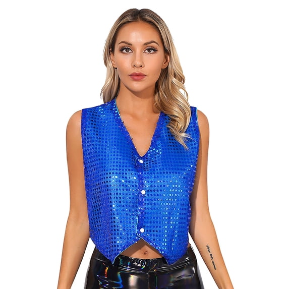 vastwit Womens Shiny Sequined Hip-hop Jazz Dance Vest Waistcoat Tops Stage Fancy Dress up Costumes Blue 170