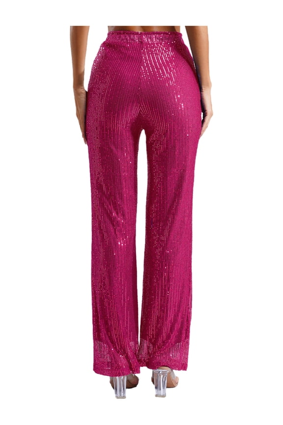 Womens Sparkle Sequin Wide Leg Pants High Waist Bling Glitter Dance Pants Trousers Hot Pink S