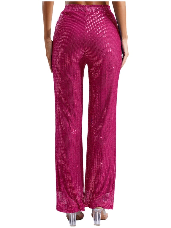 Womens Sparkle Sequin Wide Leg Pants High Waist Bling Glitter Dance Pants Trousers Hot Pink S