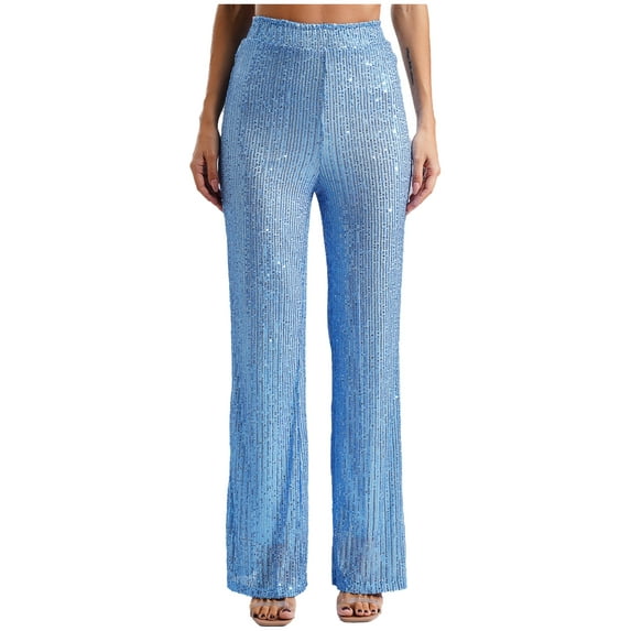 vastwit Womens Sparkle Sequin Wide Leg Pants High Waist Bling Glitter Dance Pants Trousers Light Blue S