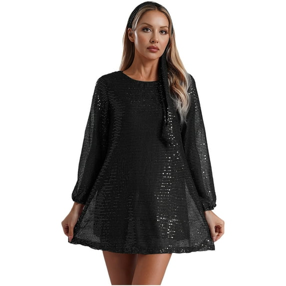 vastwit Womens Sparkling Disco 70's Dance Dress with Headband Sequins Mini Party Dress Black S