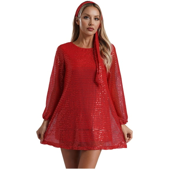vastwit Womens Sparkling Disco 70's Dance Dress with Headband Sequins Mini Party Dress Red XXL