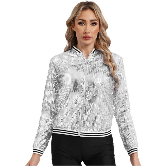 vastwit Womens Sparkly Sequin Baseball Jackets Long Sleeve Zipper Striped Bomber Jacket Silver 14