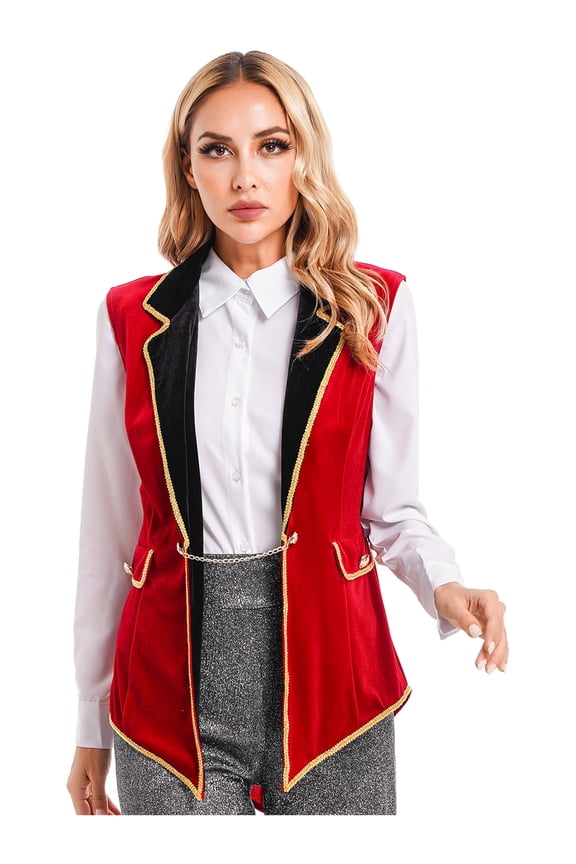 Womens Velvet Circus Ringmaster Vest Lion Tamer Sleeveless Swallow-Tailed Balzer Jacket Red S