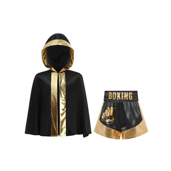 vastwit Youth Kids Boys Boxing Robe Hooded Cape and Shorts Set 2-Piece Kickboxing Uniform Training Outfit Black Gold 6