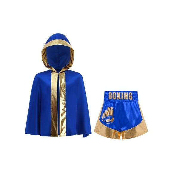 vastwit Youth Kids Boys Boxing Robe Hooded Cape and Shorts Set 2-Piece Kickboxing Uniform Training Outfit Blue Gold 12