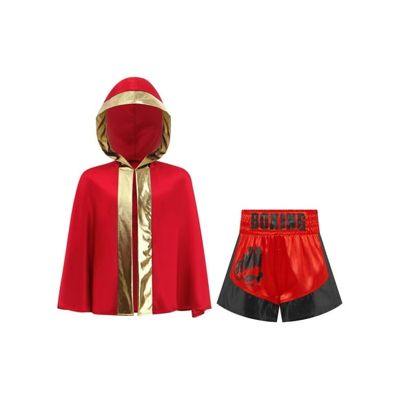 vastwit Youth Kids Boys Boxing Robe Hooded Cape and Shorts Set 2-Piece Kickboxing Uniform Training Outfit Red Gold Black 16