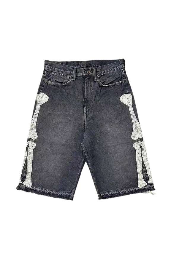 Men's Jeans Spring And Summer Retro Casual Style Relaxed Fit Bone Themed Denim Shorts Crafted from Denim Fabric Offering Soft
