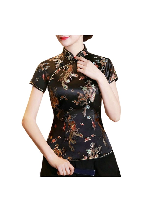Women's T-Shirts Chinese Cheongsam Shirt Short Sleeve Mandarin Collar Print Ethnic Blouse Traditional