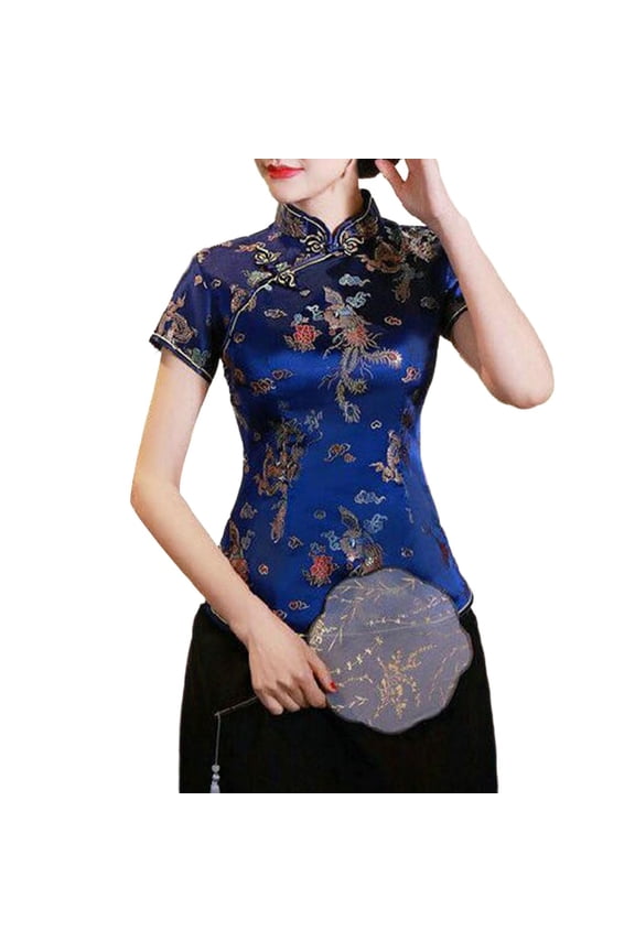 Women's T-Shirts Chinese Cheongsam Shirt Short Sleeve Mandarin Collar Print Ethnic Blouse Traditional