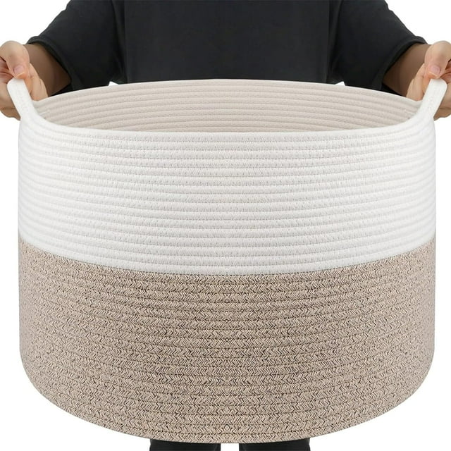 vbfgybxny Throw Blanket Basket for Living Room  Extra Large Cotton Rope Basket for Storage  Woven Laundry Towel Hamper with Handles  Baby Toy Storage  22&#34; x 22&#34; x 14&#34; Pillow B
