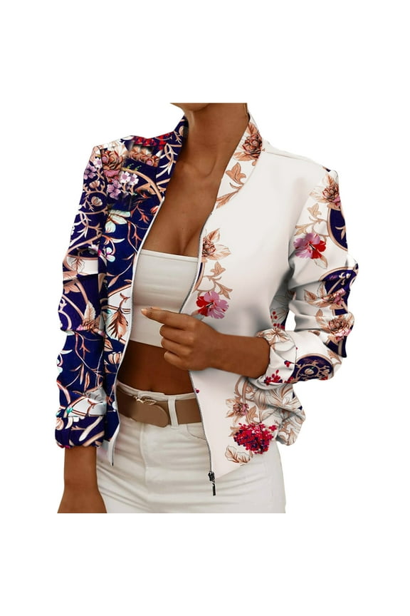 Autumn Womens Long Sleeve Stand Neck Flower Printed Zip Up Blazers Suit Jacket Slim Fit Coat Cardigan Womens Winter Clothing Woman Jacket plus