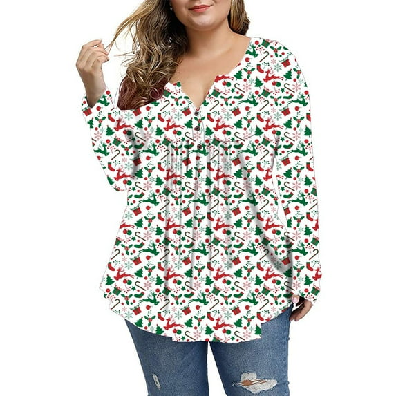 vbnergoie Christmas Plus Size Tops Women Long Sleeve Cute Print Shirts Pleated Work Casual Tops Womens Baseball Long Sleeve Womens Long Sleeve Tee Shirt Cotton