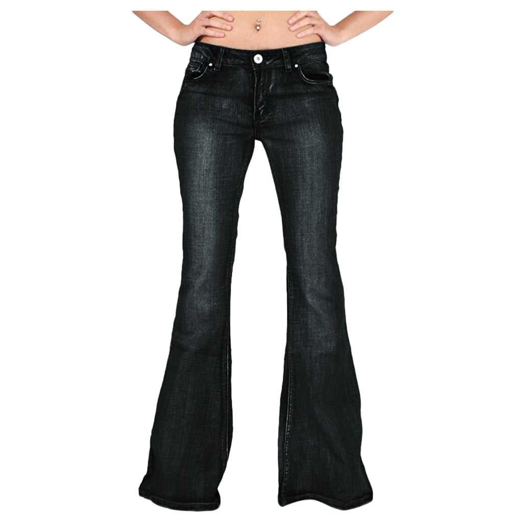 Vbnergoie Women Destoryed Flare Jeans Button Waist Bell Bottom Denim Pants