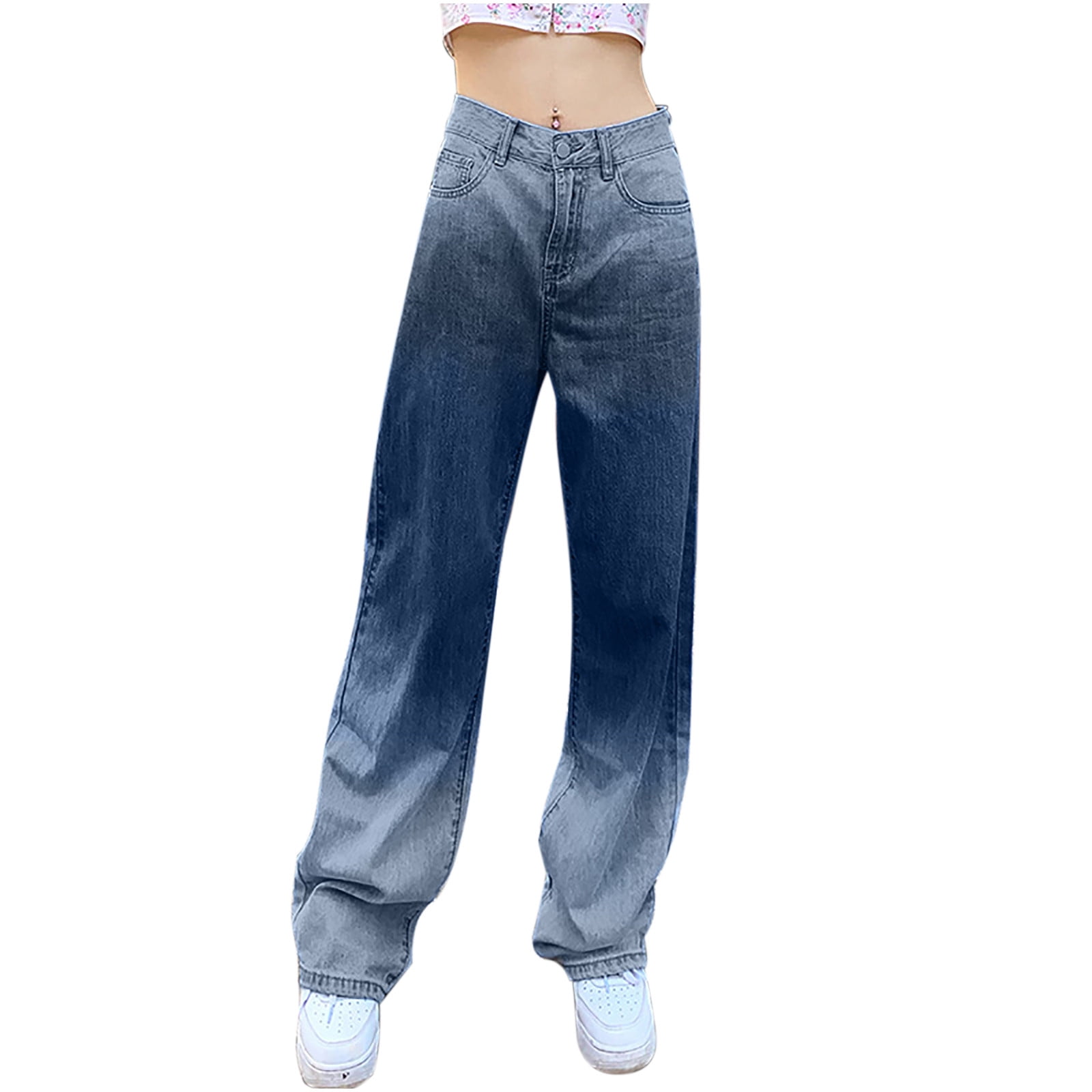 vbnergoie Women High Waist Loose Pocket Blue Solid Color Print Jeans Pants Pant  Stretchers for Jeans for Women Juniors Straight Leg Jeans 