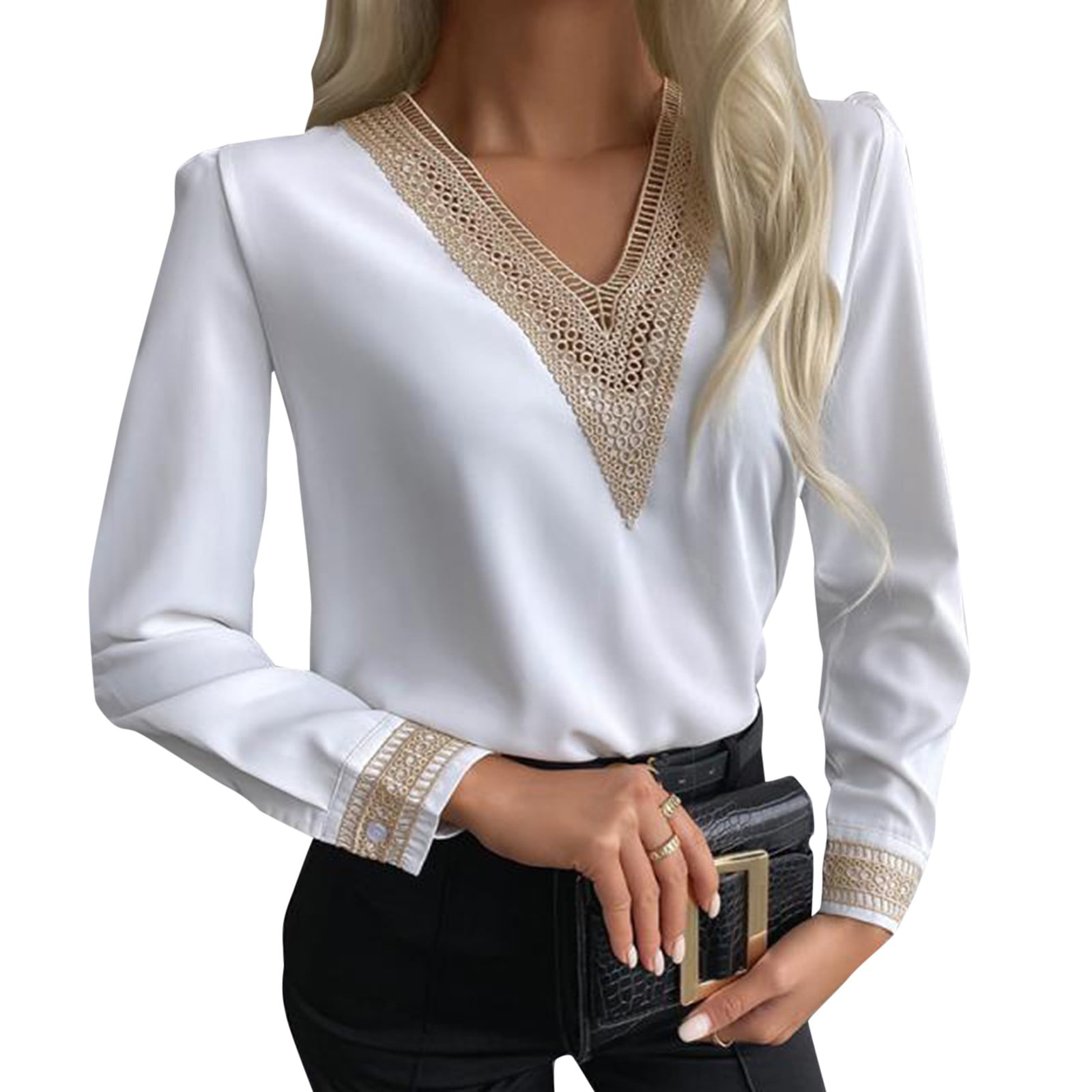 vbnergoie Women Solid Color Lace Patchwork V-Neck Long Sleeve Casual Top  Blouse Active Womens Tops Long Sleeve Undershirt for Women