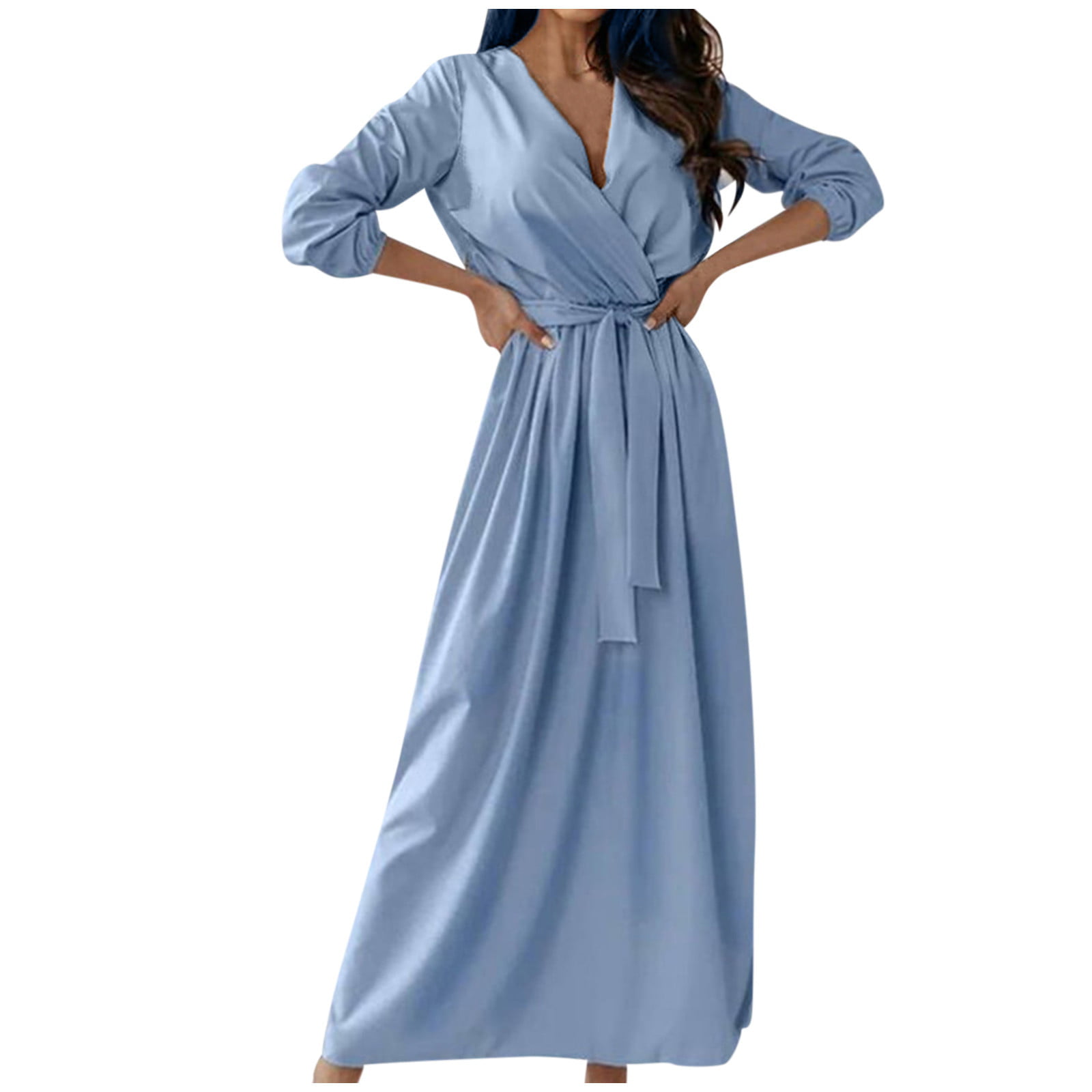 vbnergoie Womens Holiday O Neck Solid Dress Ladies Long Sleeves Party Beach  Dress Blue Midi Dress Womens Dresses Casual Spring
