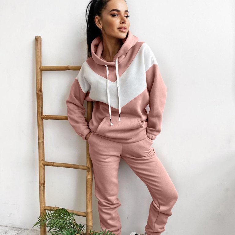 vbnergoie Women Winter Stitching Color Tracksuit Long Sleeve Hoodies Loose Trousers Suit Two Piece Set Lounge Clothing Pant Jumper Snow Sets for Women