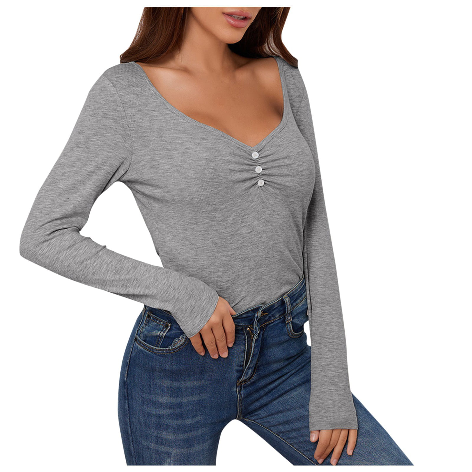 vbnergoie Womens Long Sleeve V Neck Solid Color Tops Loose Casual T-Shirt  Blouse Women Solid Shirt Shirts Men 