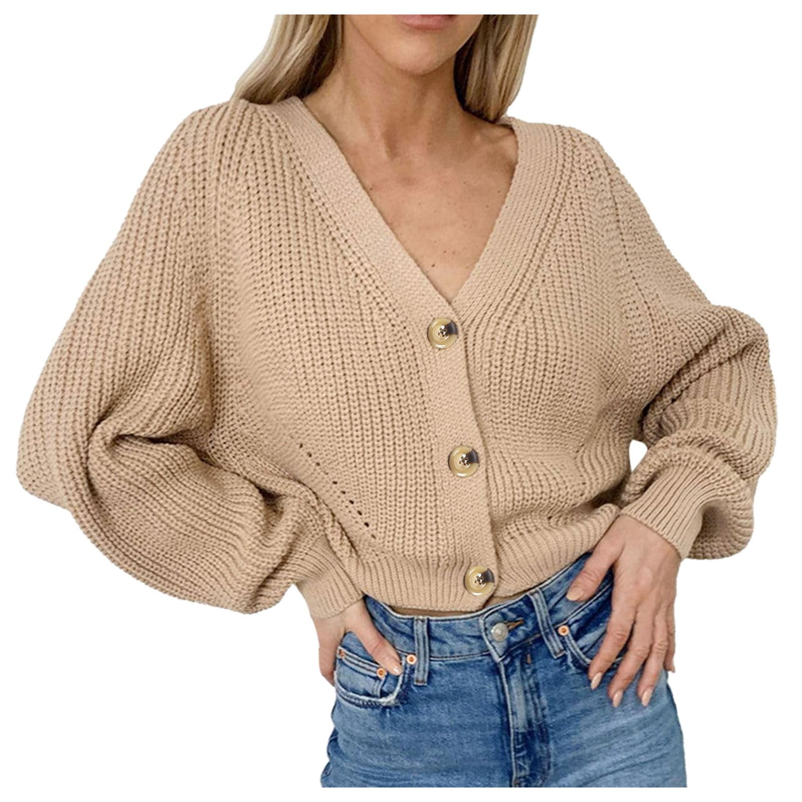 vbnergoie Women's Long Sleeve Knit Sweater Open Front Cardigan Button Loose  Outerwear Summer Light Weight Cardigan Cardigans for Women Fall