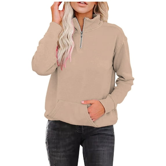 vbnergoie Women's Quarter Zip Lightweight Pullover Sweatshirts Solid Color Long Sleeve Casual Tops Front Pocket Light Weight Zip up Hoodie Women