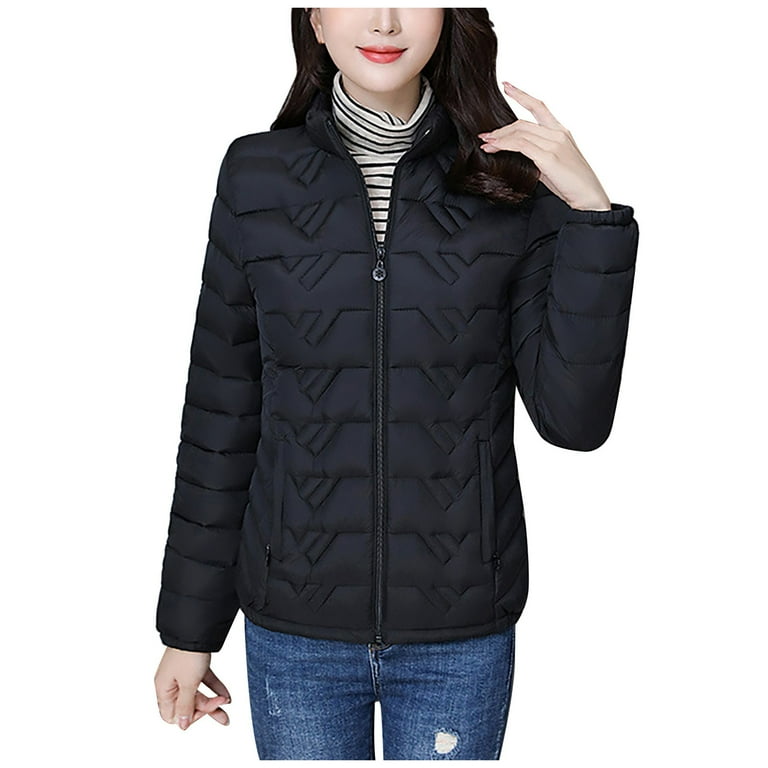 vbnergoie Women's Short Coat Long Sleeve Warm Down CoatQuilted Down Jacket  Outdoor Jacket With Pockets Black Winter Jacket Women Woman Long down