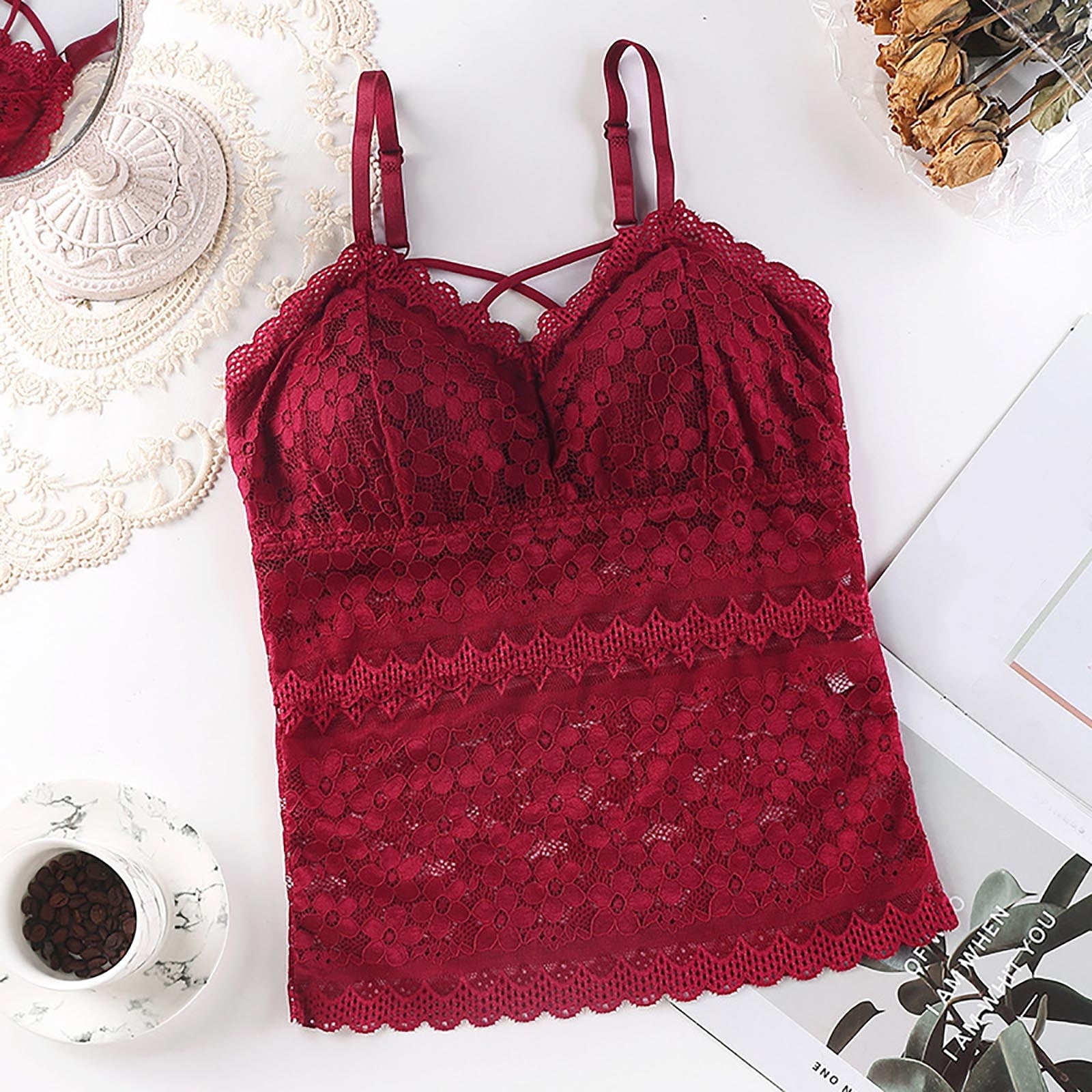 vbnergoie Women's Sleeveless Floral Lace Bra Padded Tank Tops Spaghetti
