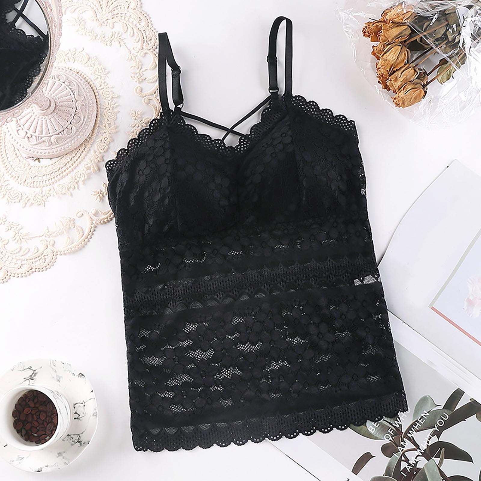 vbnergoie Women's Sleeveless Floral Lace Bra Padded Tank Tops Spaghetti