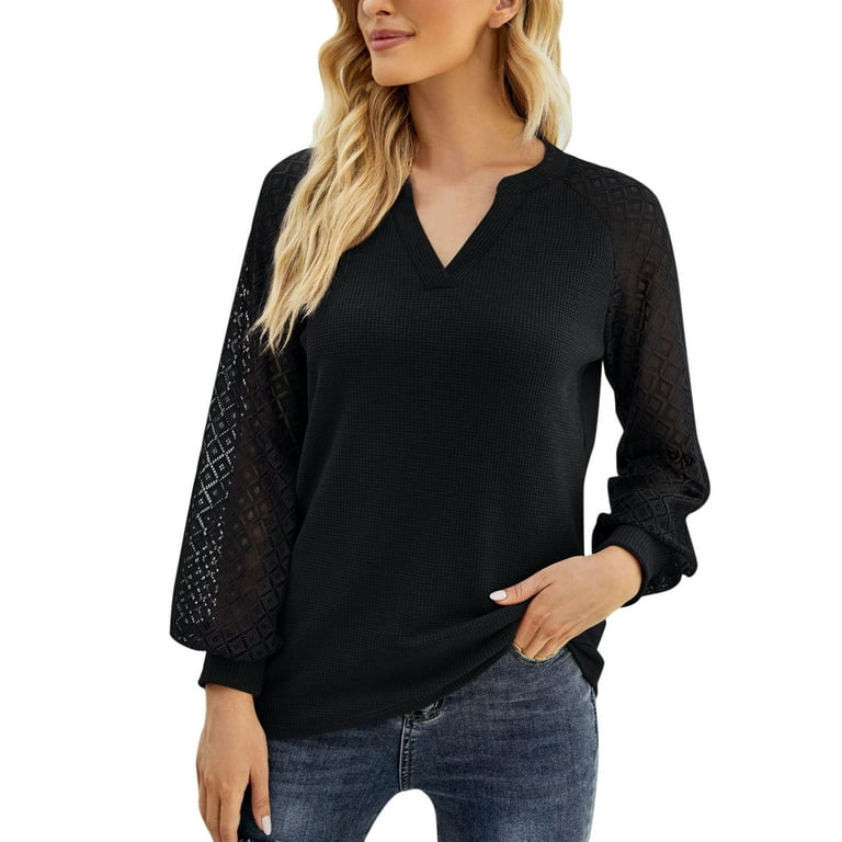vbnergoie Womens Casual V Neck Solid Lace Long Sleeve Splicing T