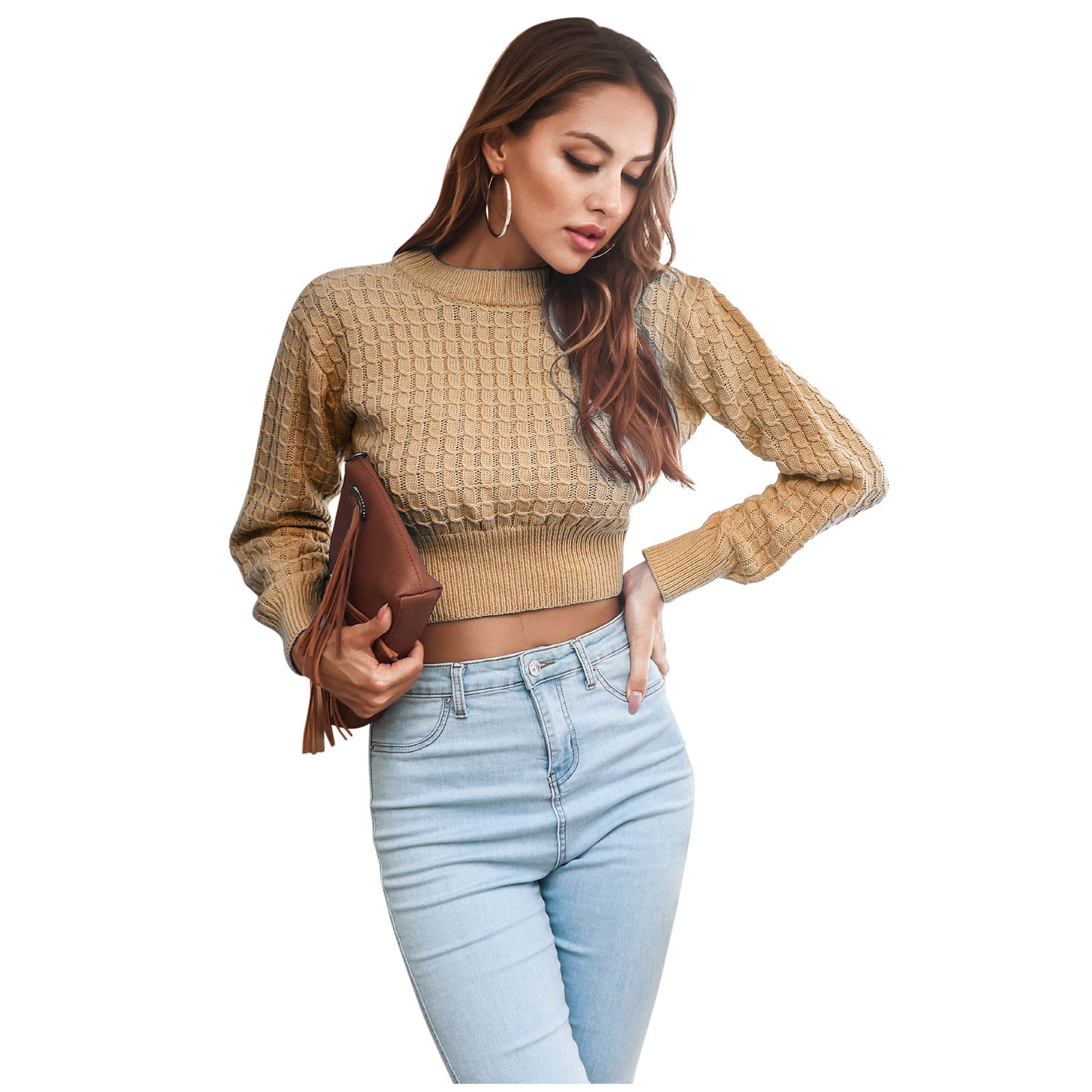 vbnergoie Womens Knit Long Sleeves Crop Sweater Loose Knitted Pullover  Winter Sweater Tops Cardigan with Button plus Size down Coat 
